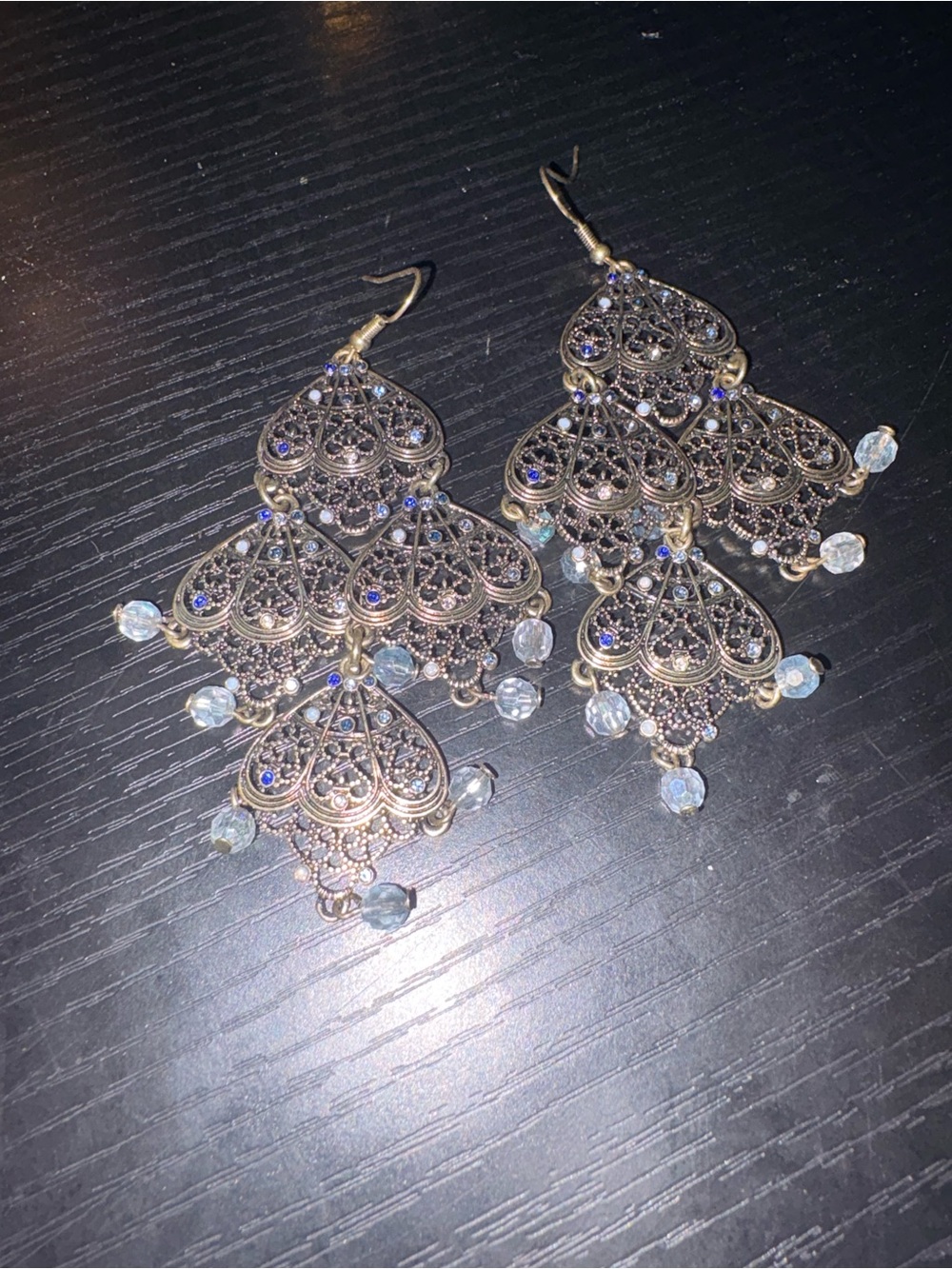 Vintage-Inspired Filigree Chandelier Earrings in Antique Gold with Blue Accents